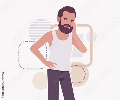 Middle aged man in home casual relaxed wear worry pose. Bearded guy sleeveless white wifebeater undershirt, comfy lounge pajama jogger pants, vector flat style cartoon illustration creative background