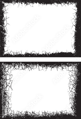 Vintage black and white frame border design with a dirty ink texture illustration and a rough grungy splatter element set