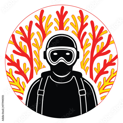 Stylized illustration of a diver in a circular frame with vibrant coral reef background