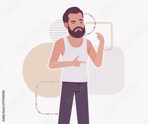 Middle aged man in home casual relaxed wear speaking pose. Bearded guy sleeveless wifebeater undershirt, comfy lounge pajama jogger pants, vector flat style cartoon illustration, creative background