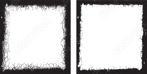 Black grunge frame set with rough border texture and vintage messy edge design for your art and text illustration