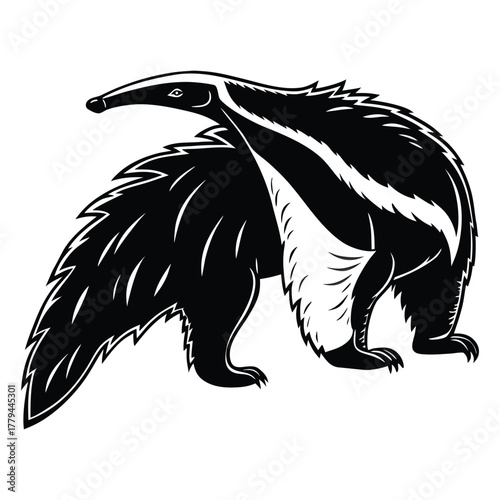 Stylized black and white illustration of a giant anteater with its distinctive long snout and bushy tail