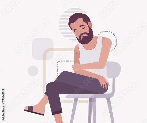 Middle aged man in home casual wear chair sit sleep pose. Bearded guy sleeveless wifebeater undershirt, comfy lounge pajama jogger pants, vector flat style cartoon illustration, creative background