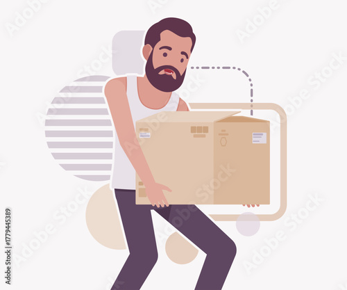 Middle aged man in home casual wear box carry pose. Bearded guy sleeveless white wifebeater undershirt, comfy lounge pajama jogger pants, vector flat style cartoon illustration, creative background