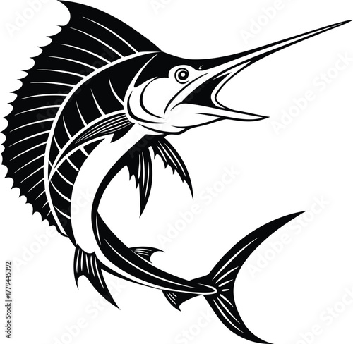 Dramatic black and white illustration of a majestic marlin leaping out of the water