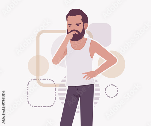 Middle aged man in home casual relaxed wear worry pose. Bearded guy sleeveless white wifebeater undershirt, comfy lounge pajama jogger pants, vector flat style cartoon illustration creative background