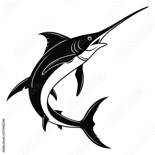 Dynamic illustration of a powerful black and white marlin leaping out of the water with its sword extended