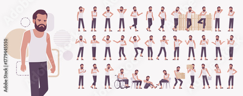 Middle aged man in home casual relaxed wear character set. Bearded guy in white, sleeveless wifebeater undershirt, comfy lounge pajama jogger pants, slippers bundle, home life. Vector illustration