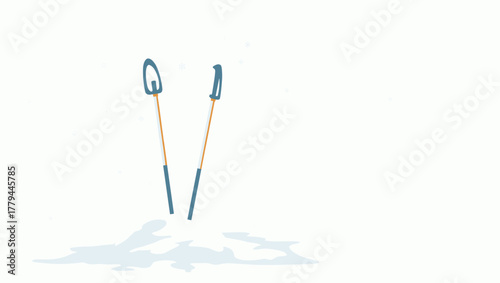 Pair of orange-handled ski poles planted in fresh snow under falling flakes, concept of outdoor adventure