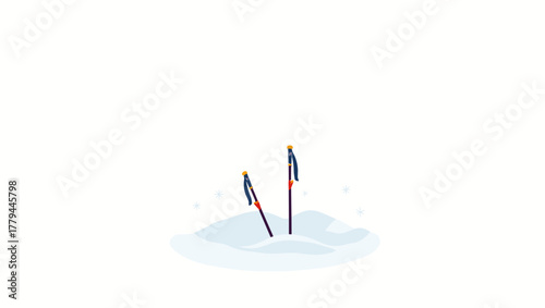 Two ski poles stuck in snowdrift with falling snowflakes on white background, concept of winter journey