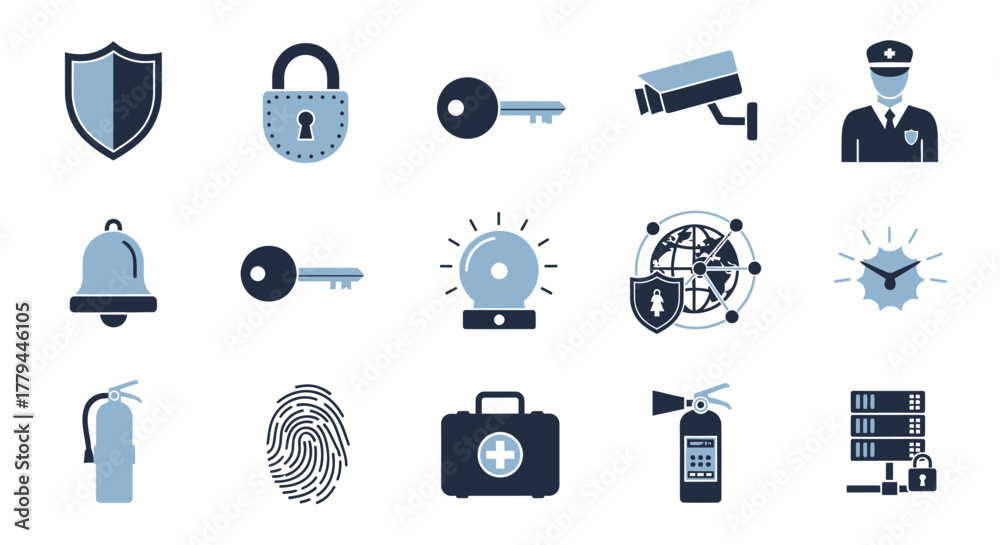 Fototapeta premium Comprehensive security and protection services vector icons on white backdrop