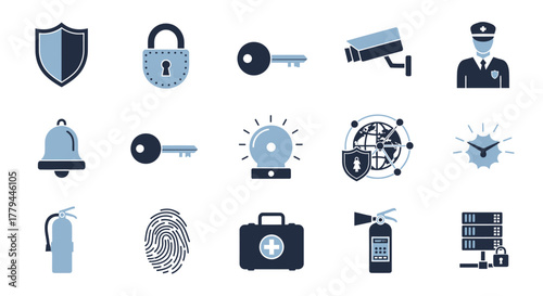 Comprehensive security and protection services vector icons on white backdrop
