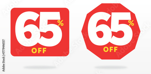 65% off, commerce, sticker, promo, advertising, price, banner, offer, sale, money, purchase, tag, retail, shape, shop. Template, value, discount, shape, set, icon, vector