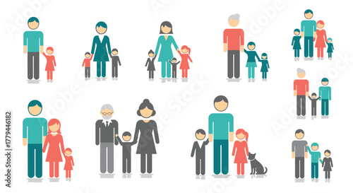 Diverse family unit icons showcasing various structures and relationships