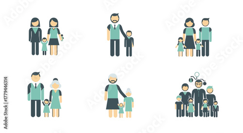 Diverse family structures and generations represented by icon collections