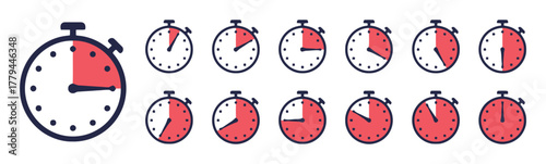 stopwatch, timer, time, interval, clock, countdown, measurement, duration, seconds, minutes, graphic, icon, set, collection, red, white, blue, progress, completion, speed, efficiency, concept, illustr