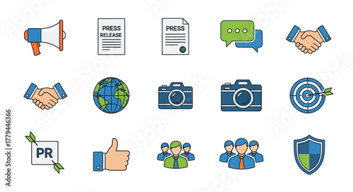 Colorful Public Relations Vector Icon Set for Business and Marketing Campaigns