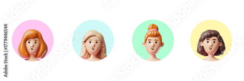 3D set of female avatars with different hairstyles and hair colors, in round colored frames.