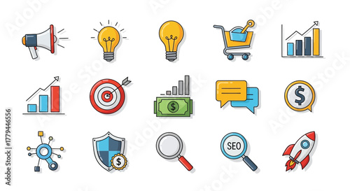 Hand-drawn digital marketing strategy icons, promoting business growth vector set