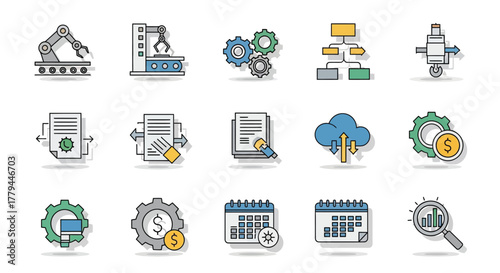 Business process automation icons set depicting factory assembly processes