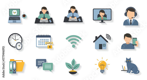 Flat vector work from home icons collection providing workplace elements