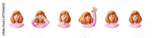A set of 3D female character avatars with various emotions, pink clothing, and brown hair.