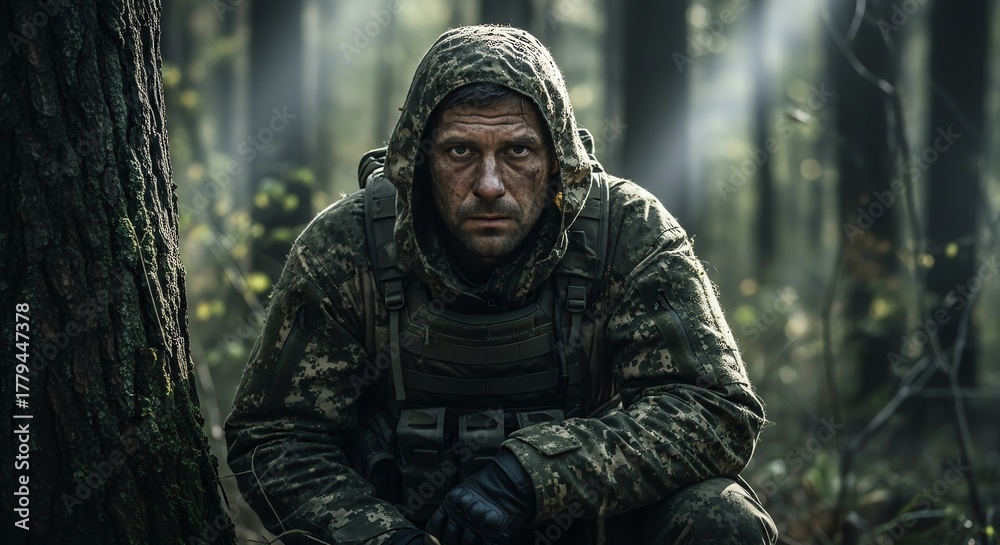 Obraz premium Man in camouflage crouching in forest