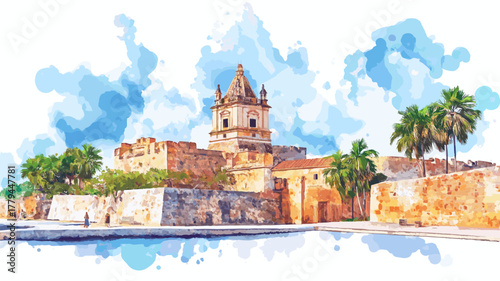 Castillo San Felipe de Barajas. Castillo San Felipe de Barajas hand drawn watercolor illustration