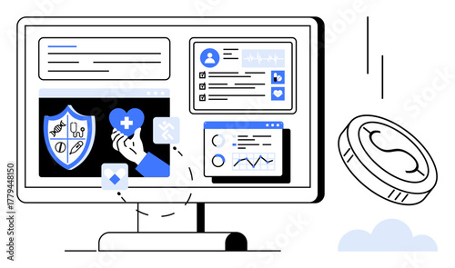 Digital interface showing medical shield, heart, analytics, and user profile. Ideal for healthcare, insurance, finance, health tech analysis investment and savings. Minimalist and simple flat