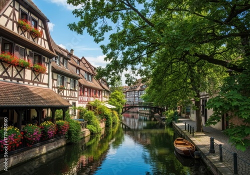 Fototapeta Naklejka Na Ścianę i Meble -  Picturesque canal in a historic european town with traditional halftimbered buildings and lush greenery