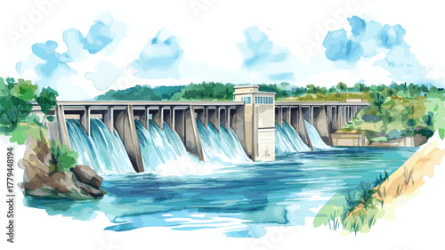 Itaipu Dam. Itaipu Dam hand drawn watercolor illustration