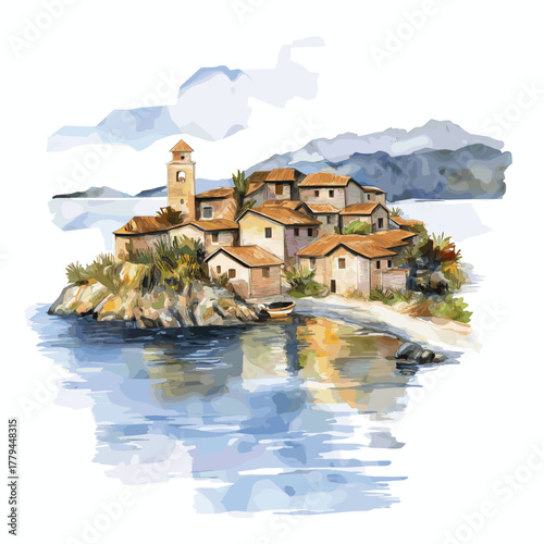 Lake Titicaca ? Isla del Sol. Lake Titicaca ? Isla del Sol hand drawn watercolor illustration