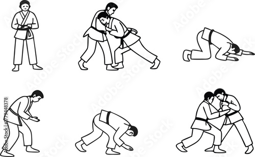Dynamic judo demonstration showing martial arts techniques, combat skills, and self-defense training in a modern, minimalist style originally from vector graphics