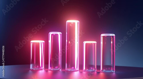 Futuristic Neon Bar Graph: 3D Abstract Glass Cylinders Displaying Business Data and Growth on a Dark Stage