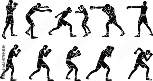 Dynamic boxing sequence: Striking black silhouette, action-packed training poses, demonstrating athletic prowess and fighting skills, originally a vector.