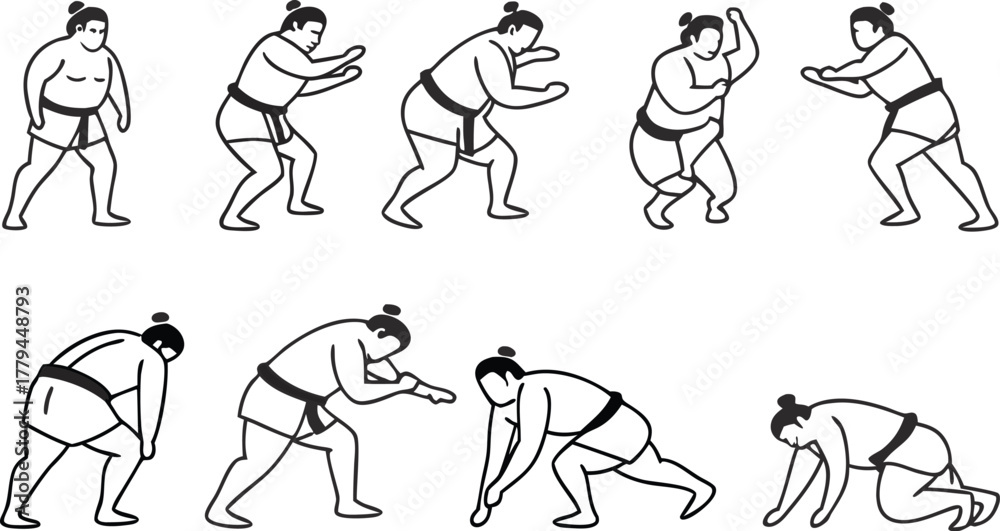 Fototapeta premium Dynamic sumo wrestler poses, showcasing strength and tradition in athletic combat, perfect for martial arts, cultural events, and sports promotions