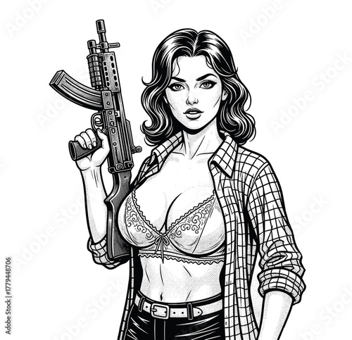 Confident Woman Holding Assault Rifle – Vintage Engraving Style Illustration