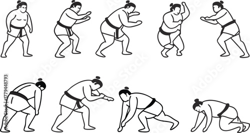Dynamic sumo wrestler poses, showcasing strength and tradition in athletic combat, perfect for martial arts, cultural events, and sports promotions