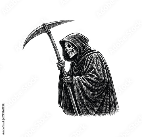 Grim Reaper with Scythe – Vintage Engraving Style Illustration