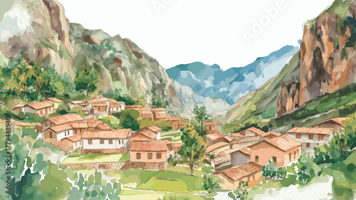 Sacred Valley. Sacred Valley hand drawn watercolor illustration