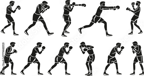 Dynamic boxing stances showcase power and agility, perfect for sports promotions, fitness campaigns, or athletic training material, originally vector graphic