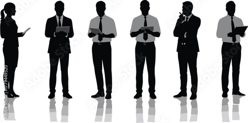 Business team silhouettes in formal attire standing with tablets and papers, corporate professionals vector illustration for teamwork and analysis concepts
