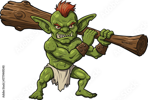 Cartoon goblin character illustration, fantasy monster design, muscular green creature artwork, wooden club warrior drawing, aggressive stance, mythical villain vector art