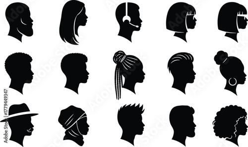 Diverse silhouette profile vector illustration of men and women with unique hairstyles, headwear, accessories, cultural fashion, modern style