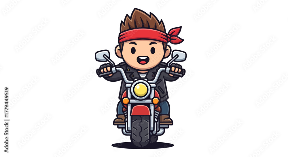Fototapeta premium Cartoon Biker Character Riding a Motorcycle with Red Bandana against White Backdrop