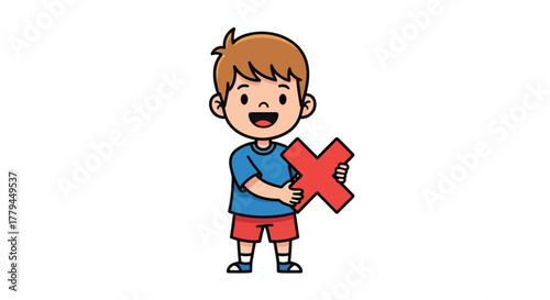 Cartoon boy cheerfully holding a large red cross mark conveying rejection or negative answer