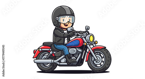 Cartoon biker character riding a classic motorcycle illustration on white background