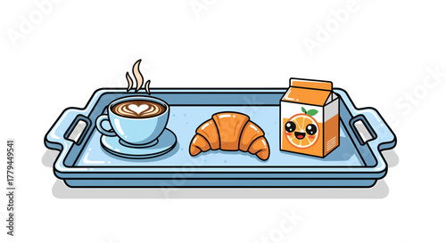 Cartoon breakfast tray featuring coffee with latte art, croissant and juice box illustration
