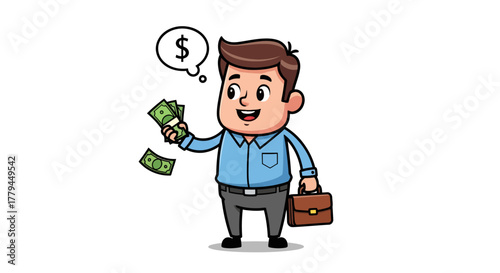Cartoon businessman imagining financial success while holding cash and briefcase in hand