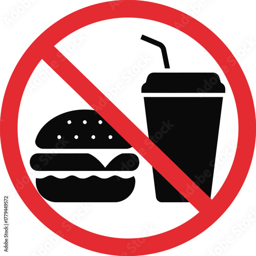 no food, no drink, prohibition, forbidden, restriction, eating, drinking, fast food, hamburger, soda, cup, straw, sign, symbol, warning, alert, danger, health, diet, nutrition, rules, regulations, pub